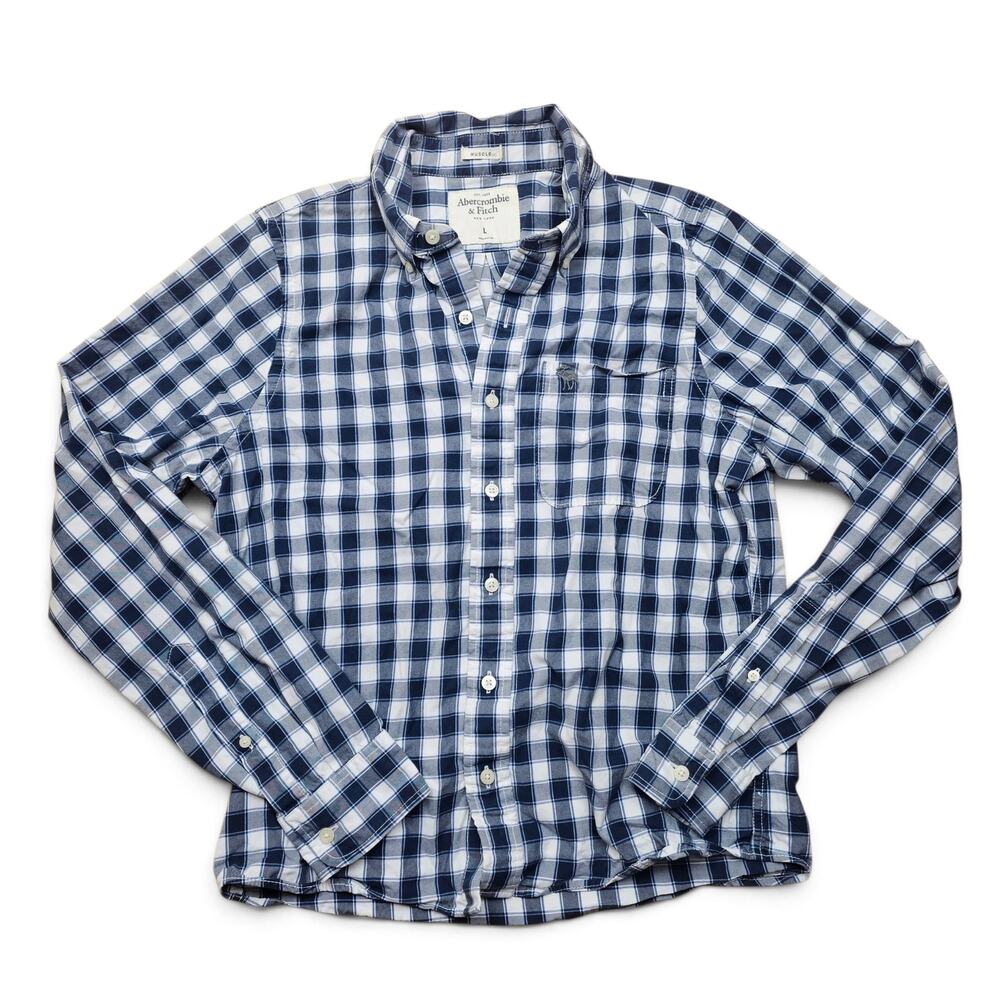 ABERCROMBIE & FITCH Muscle Shirt Mens L Blue Plaid Button Down Moose Pocket